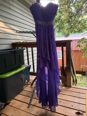 Bee Darlin Women’s size 3/4 Purple hi-low hem Beaded/Sequined Chiffon Gown